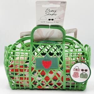 NEW Dazey Shades Green & Pink Strawberry Bucket Hat Sunglasses Case Jelly Bag